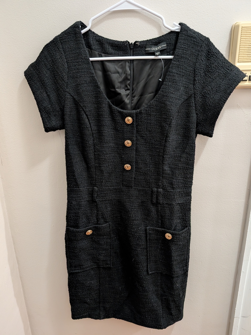 GUESS Black Tweed Mini Dress with Gold Buttons Black Medium